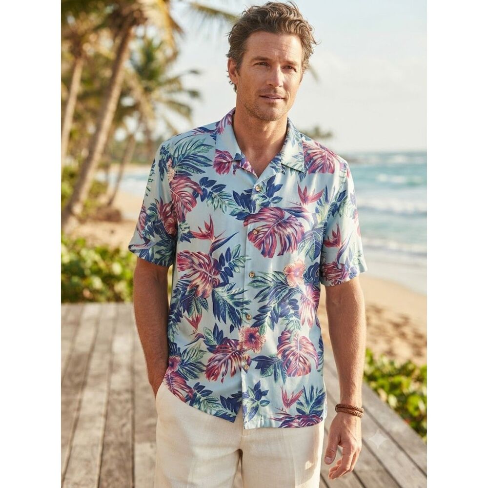 Tommy Bahama Silk Blend Hawaiian Shirt XL Light Blue Tropical Floral Camp Shirt